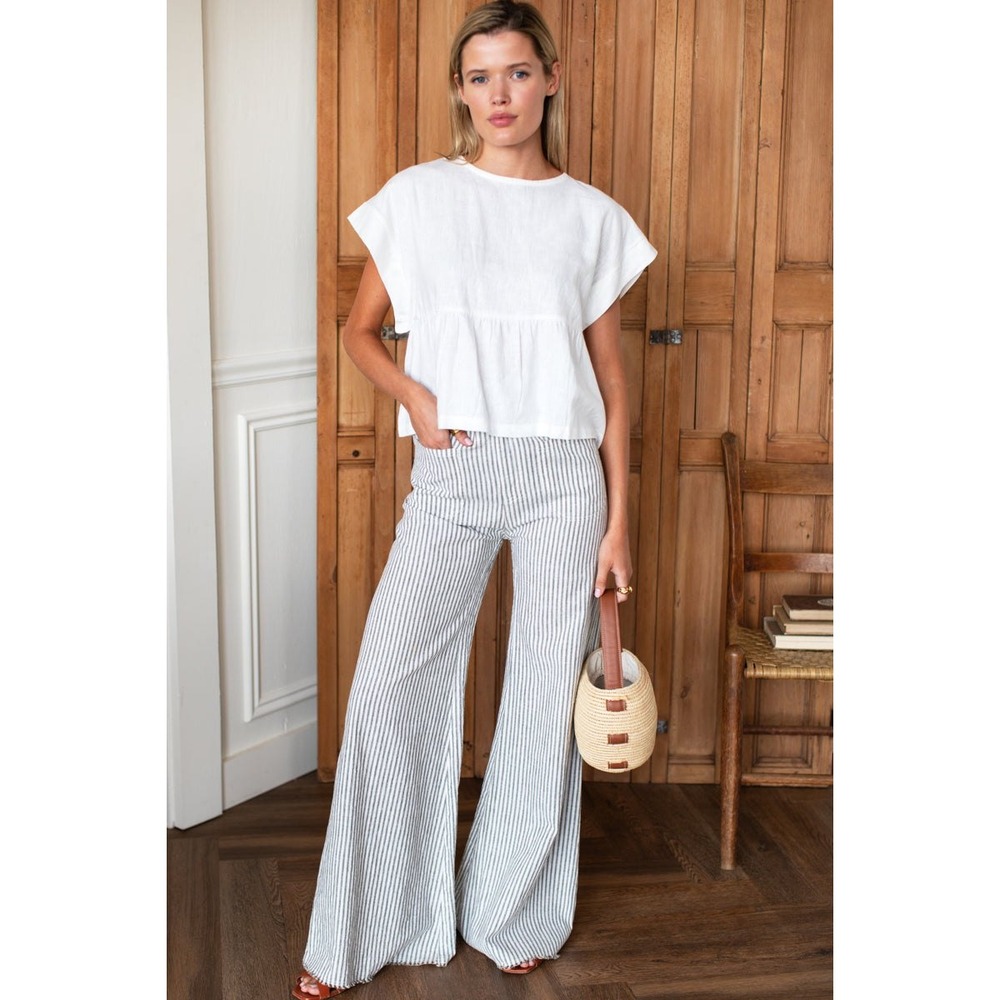 Emerson Fry Striped Tulip Wide Leg Linen Pants Sz M Gray White Juniper Stripe